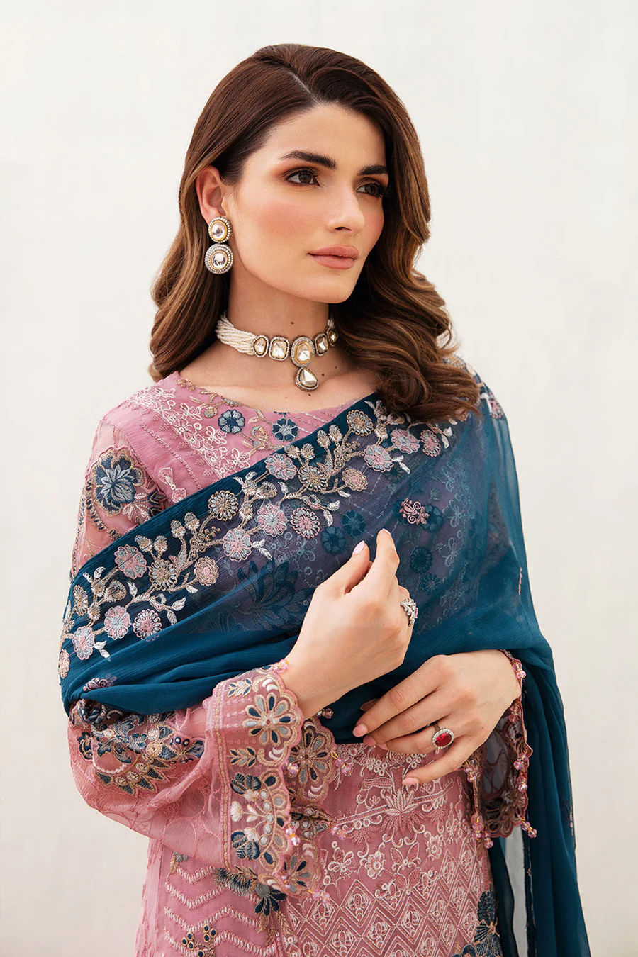 Baby Pink Embroidered Pakistani Salwar Kameez With Contrast Dupatta - Image 3