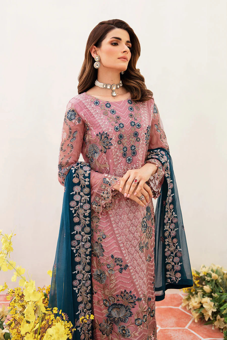 Baby Pink Embroidered Pakistani Salwar Kameez With Contrast Dupatta - Image 2