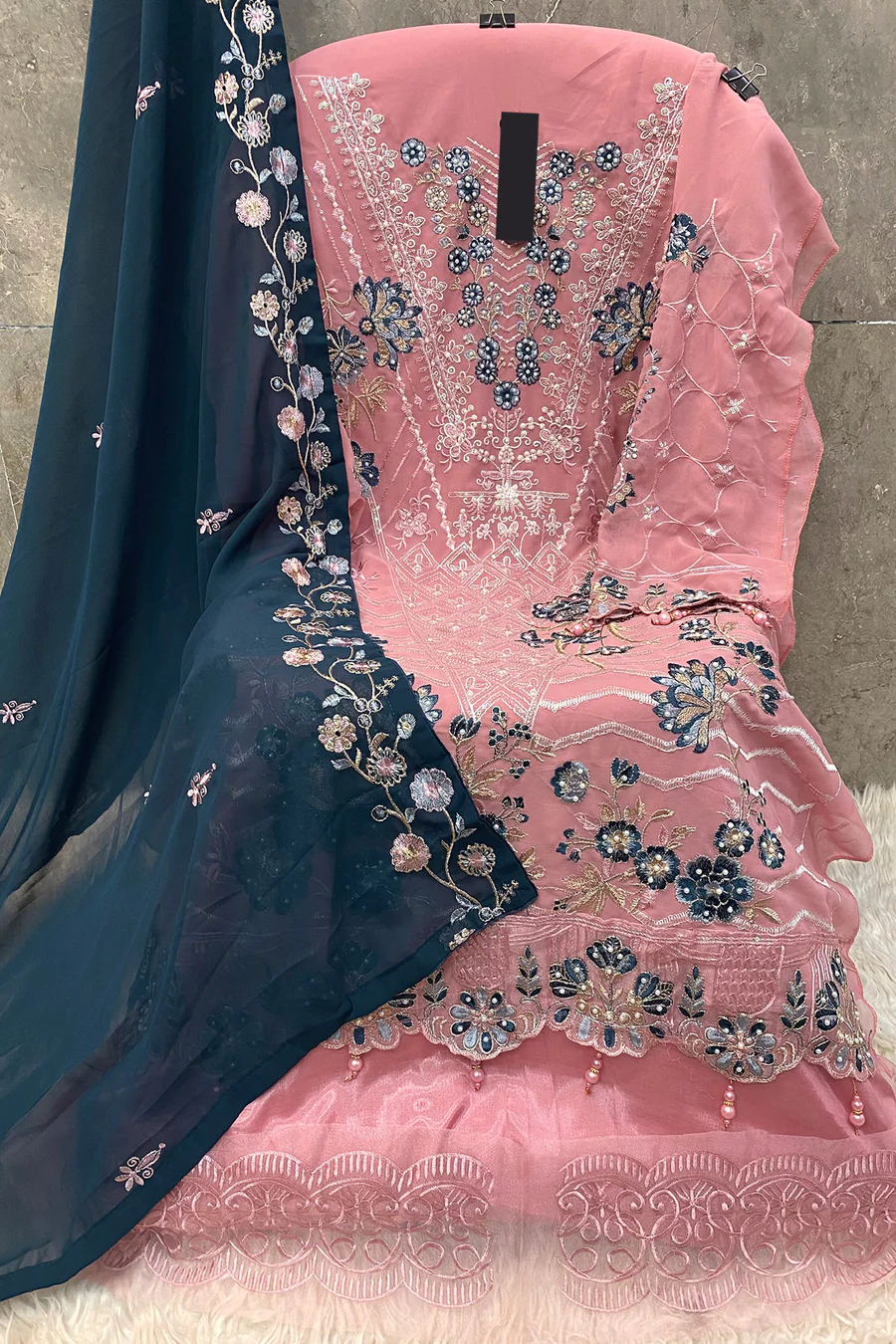 Baby Pink Embroidered Pakistani Salwar Kameez With Contrast Dupatta - Image 4