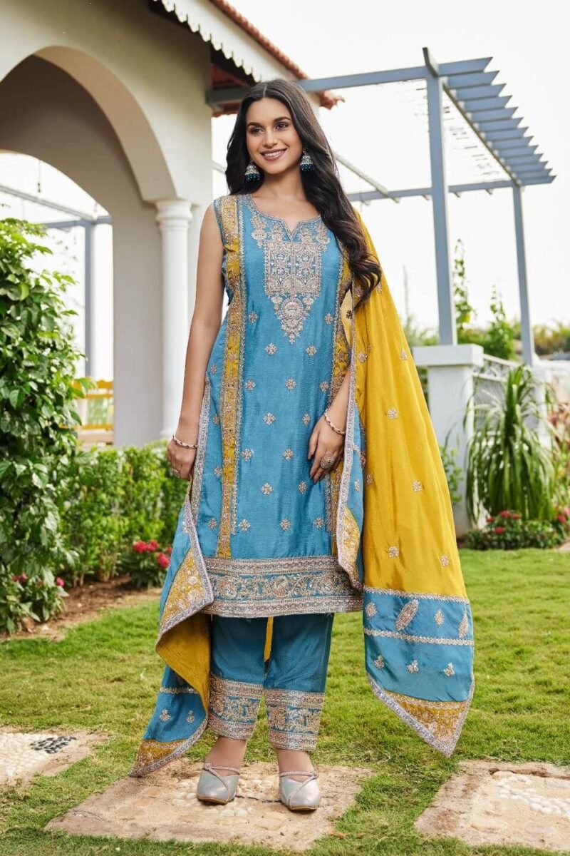 Chinon Chain Party Wear Salwar Kameez With Embroidery & Mirror, Stone Work