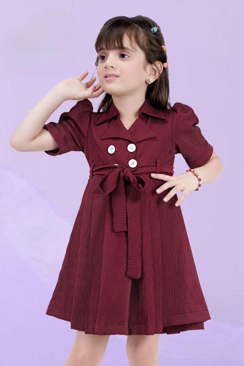 Girl's Maroon Sleeve Dress for Casual Wear