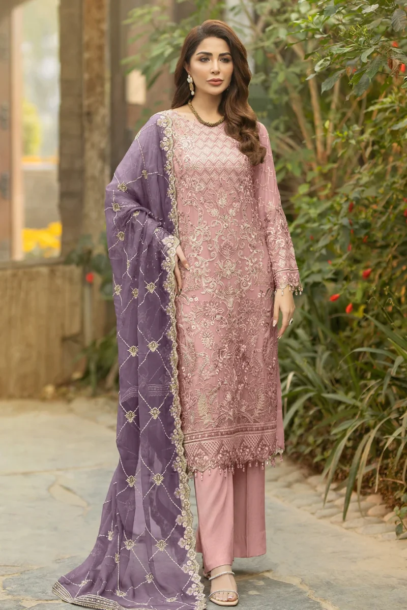 Latest Baby Pink Pakistani Salwar Kameez With Beautiful Contrast Light Purple Dupatta Work - Image 2