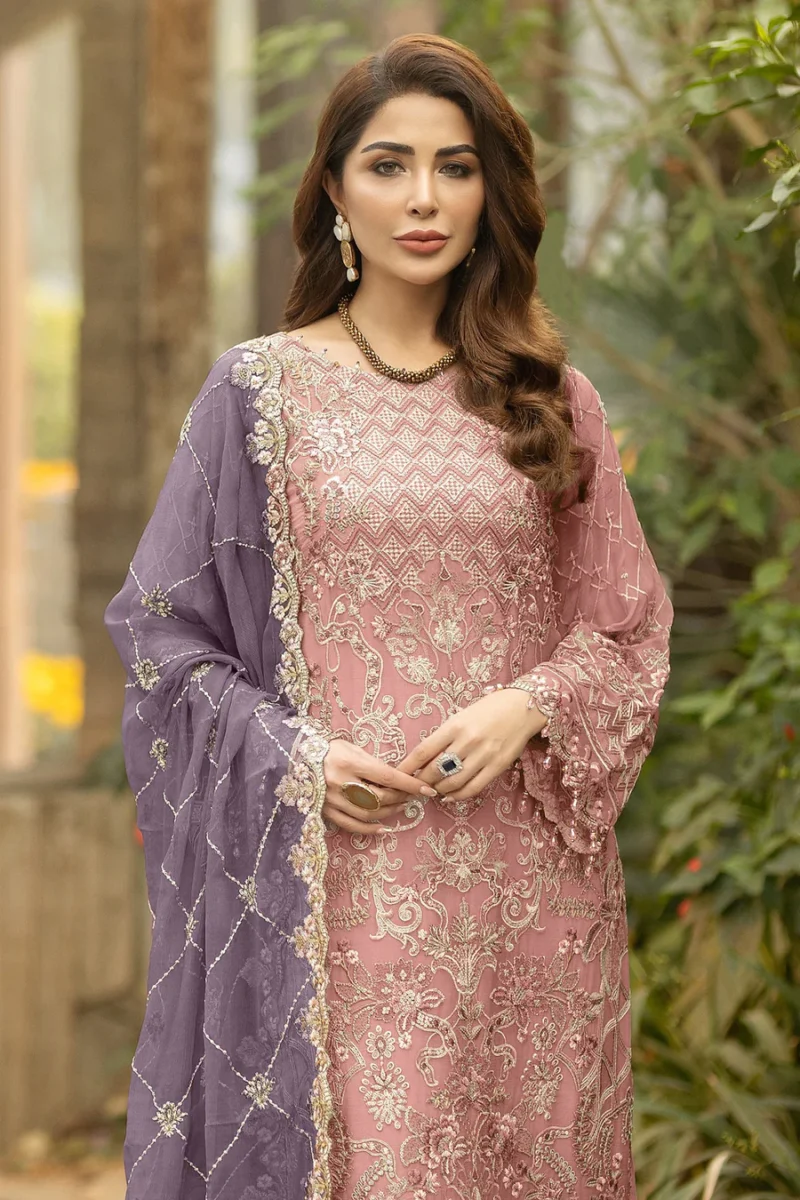 Latest Baby Pink Pakistani Salwar Kameez With Beautiful Contrast Light Purple Dupatta Work - Image 3