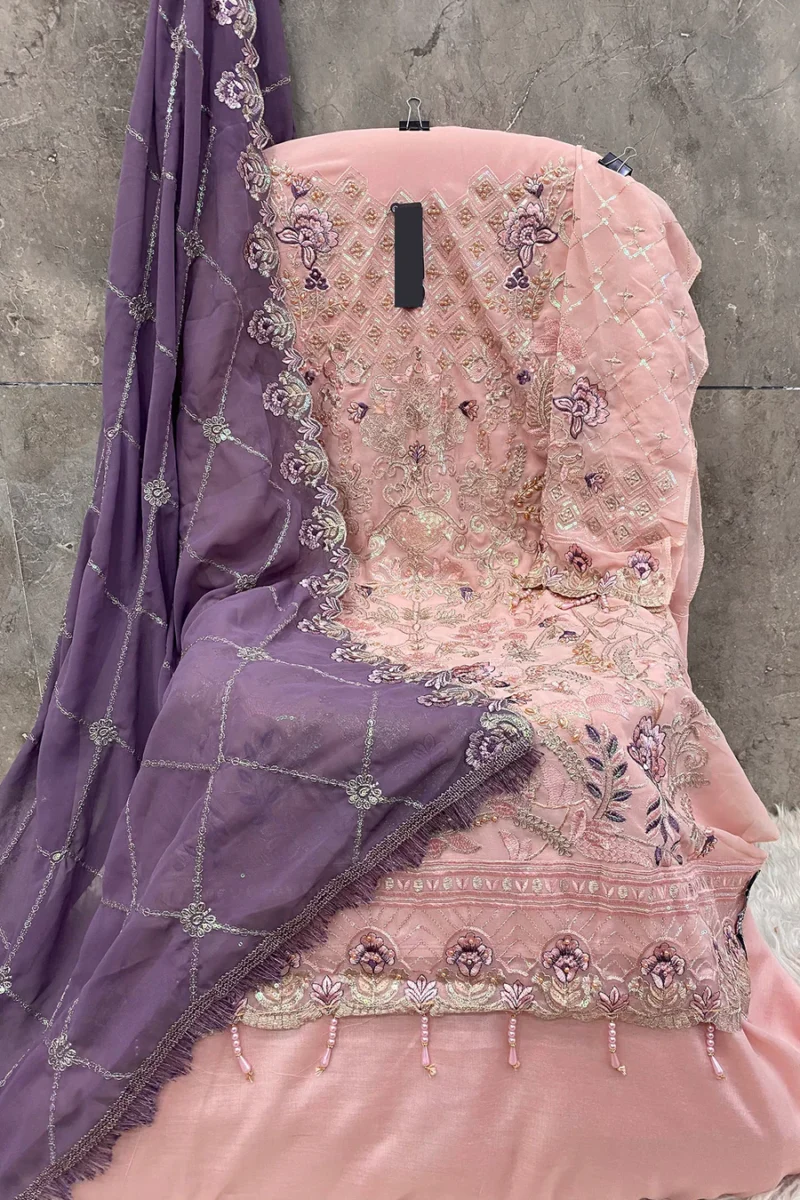 Latest Baby Pink Pakistani Salwar Kameez With Beautiful Contrast Light Purple Dupatta Work - Image 4