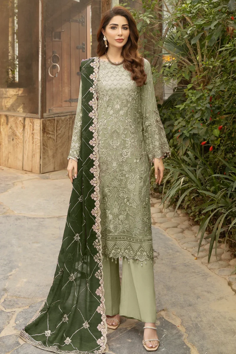 Latest Dusty Pista Green Pakistani Salwar Kameez With Beautiful Contrast Dark Green Dupatta