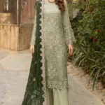 Latest Dusty Pista Green Pakistani Salwar Kameez With Beautiful Contrast Dark Green Dupatta-1