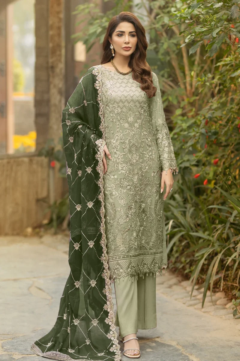 Latest Dusty Pista Green Pakistani Salwar Kameez With Beautiful Contrast Dark Green Dupatta - Image 2