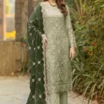 Latest Dusty Pista Green Pakistani Salwar Kameez With Beautiful Contrast Dark Green Dupatta-1