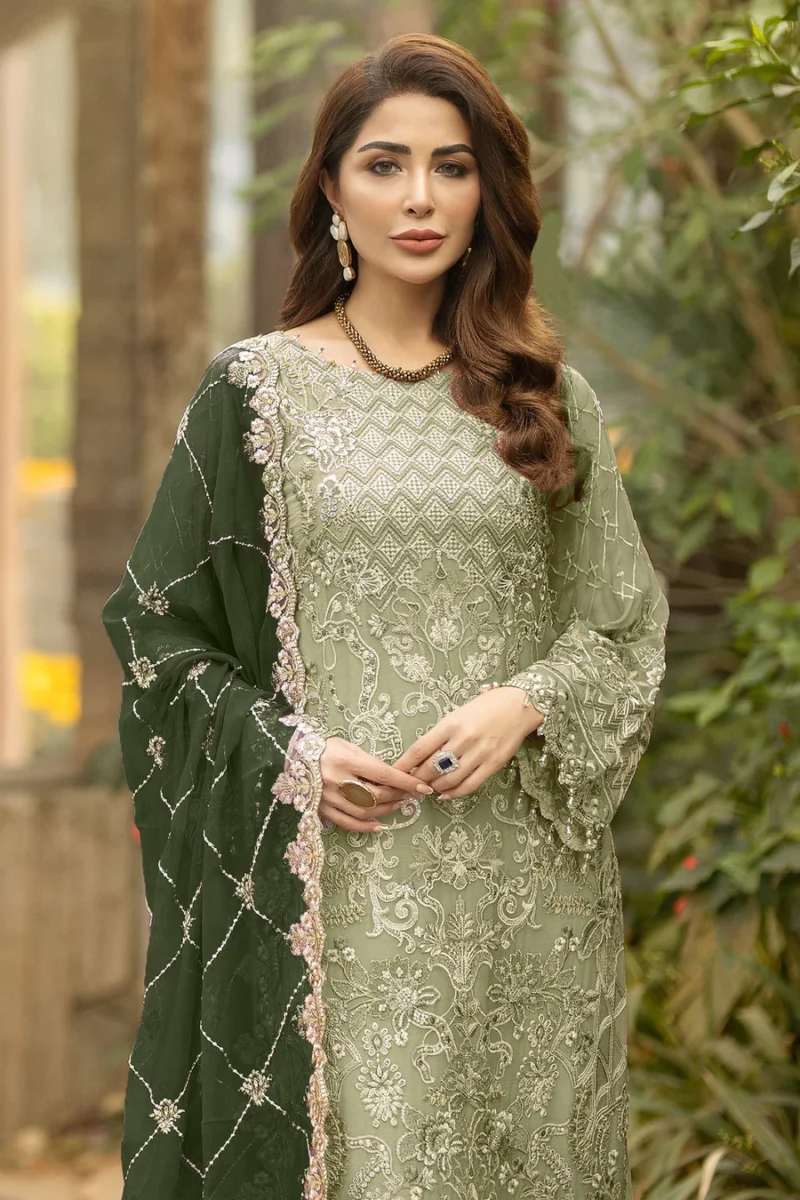 Latest Dusty Pista Green Pakistani Salwar Kameez With Beautiful Contrast Dark Green Dupatta - Image 3