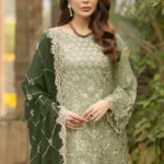 Latest Dusty Pista Green Pakistani Salwar Kameez With Beautiful Contrast Dark Green Dupatta-1