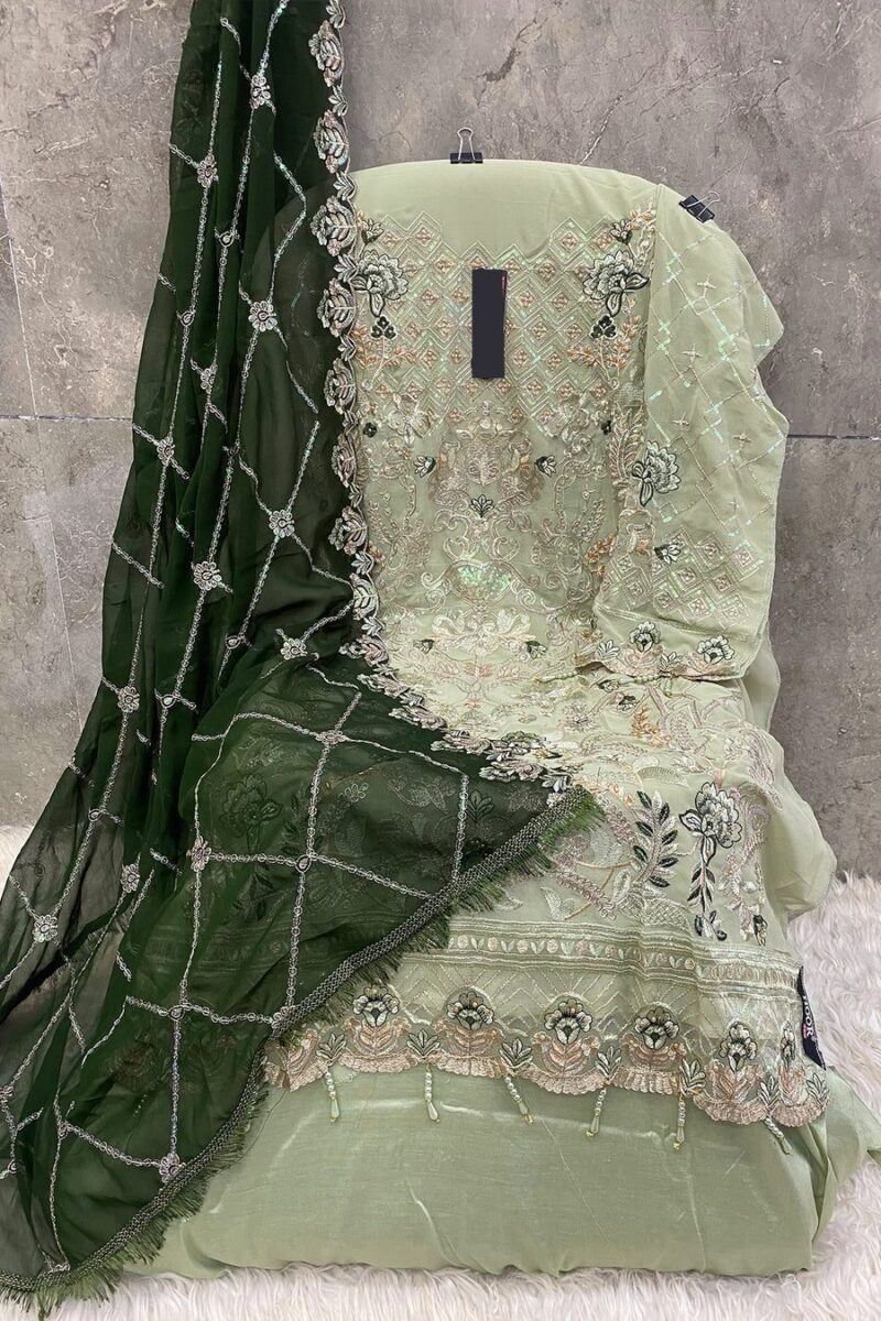 Latest Dusty Pista Green Pakistani Salwar Kameez With Beautiful Contrast Dark Green Dupatta - Image 4