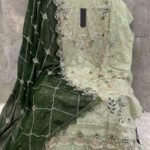 Latest Dusty Pista Green Pakistani Salwar Kameez With Beautiful Contrast Dark Green Dupatta-1