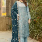 Latest Sky Blue Pakistani Salwar Kameez With Beautiful Contrast Dark Blue Dupatta Work-1