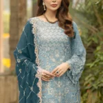 Latest Sky Blue Pakistani Salwar Kameez With Beautiful Contrast Dark Blue Dupatta Work-1