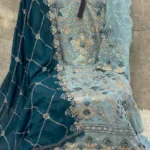 Latest Sky Blue Pakistani Salwar Kameez With Beautiful Contrast Dark Blue Dupatta Work-1