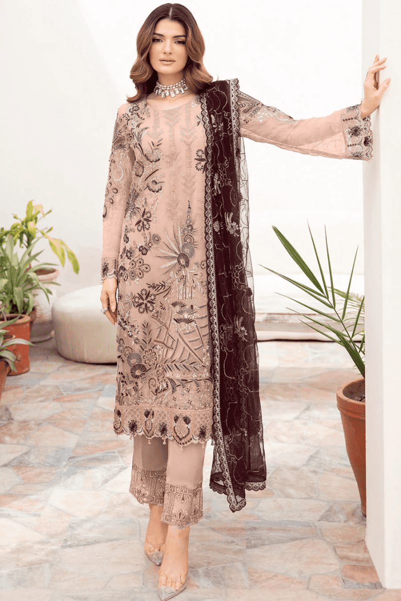 Light Peach Georgette Pakistani Salwar Kameez Embroidered With Attractive Contrast Dupatta