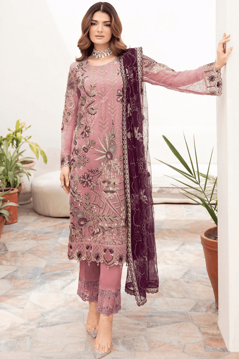 Light Pink Georgette Pakistani Salwar Kameez Embroidered With Attractive Contrast Dupatta