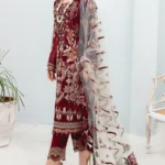 Maroon Pakistani Salwar Kameez Multi Color Embroidered With Heavy Net Dupatta-1