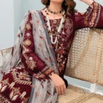 Maroon Pakistani Salwar Kameez Multi Color Embroidered With Heavy Net Dupatta-1