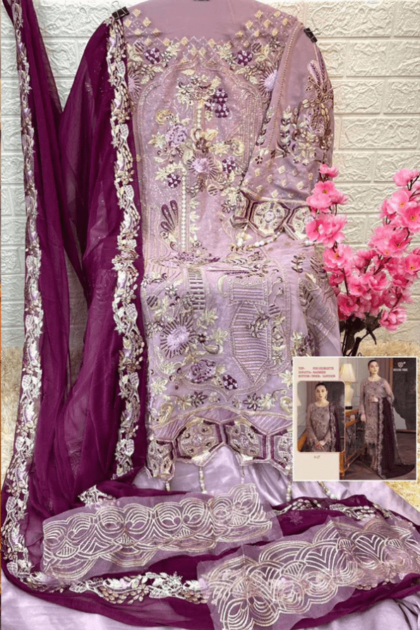 PURPLE ETHNIC PRINT STRAIGHT CUT SALWAR KAMEEZ WITH DUPATTA