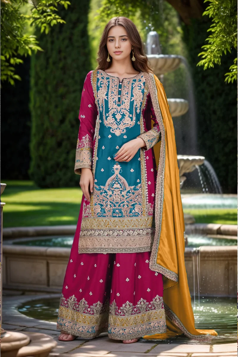 Rama Luxury Party Wear Pakistani Palazzo Salwar Kameez With Contrast Dupatta