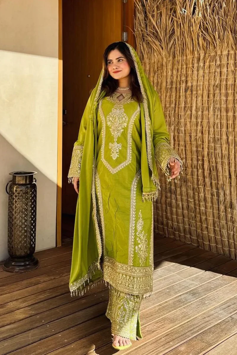 Ready To Wear Trendy Pakistani Pista Heavy Silk Chinon Tunic Style With Lovely Dupatta Work