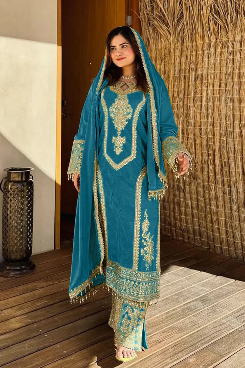 Ready To Wear Trendy Pakistani Rama Heavy Silk Chinon Tunic Style With Lovely Dupatta Work - Image 2