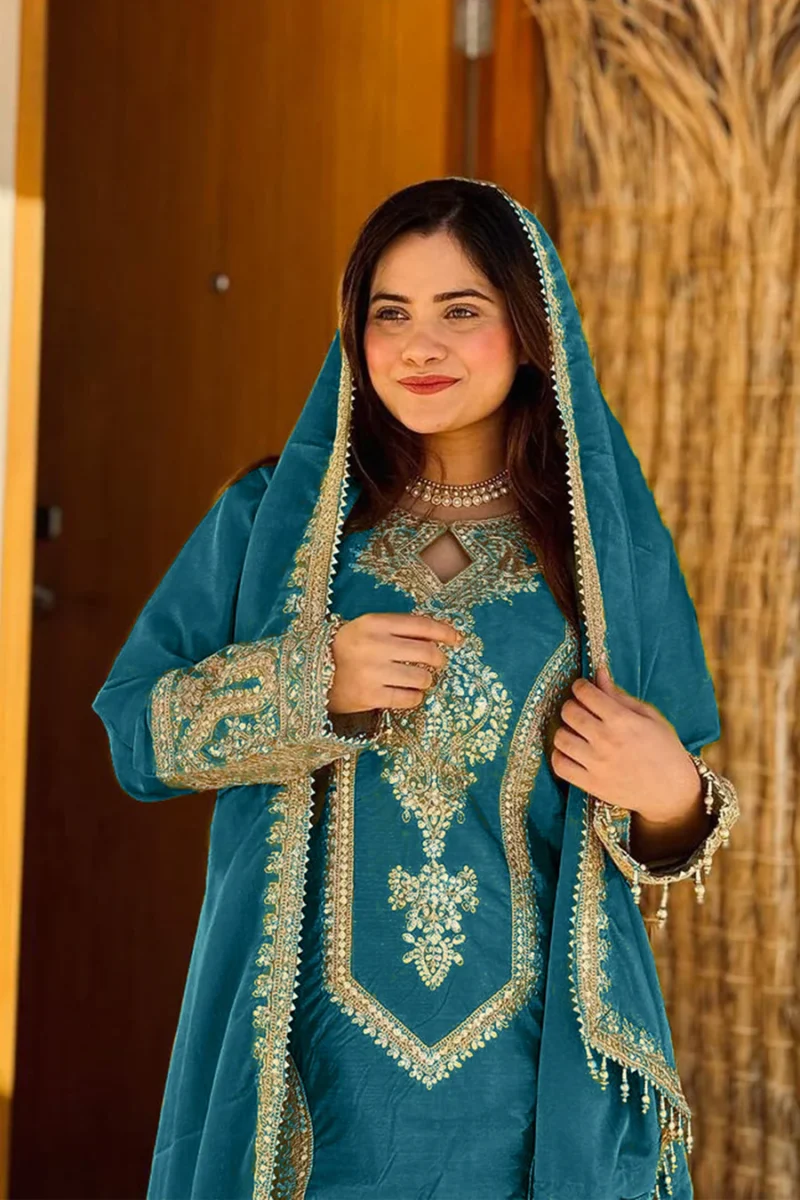 Ready To Wear Trendy Pakistani Rama Heavy Silk Chinon Tunic Style With Lovely Dupatta Work - Image 4