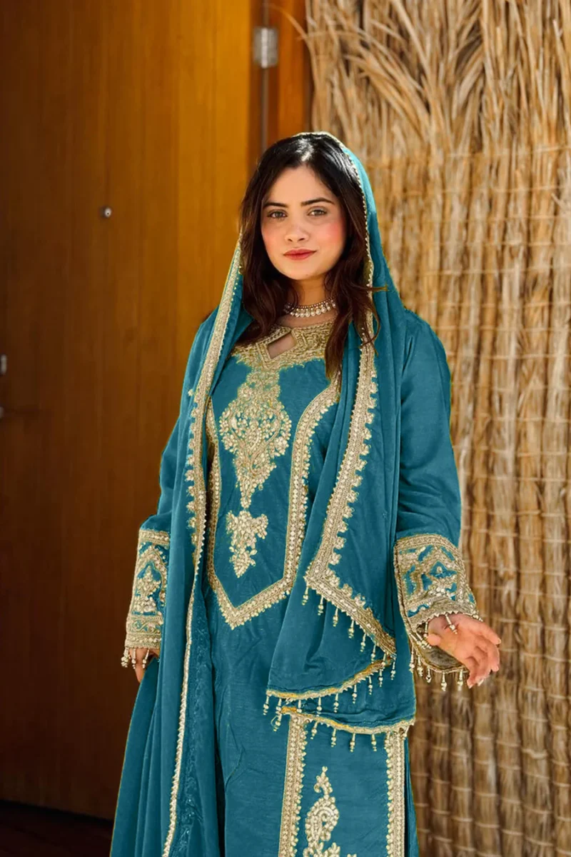 Ready To Wear Trendy Pakistani Rama Heavy Silk Chinon Tunic Style With Lovely Dupatta Work - Image 3