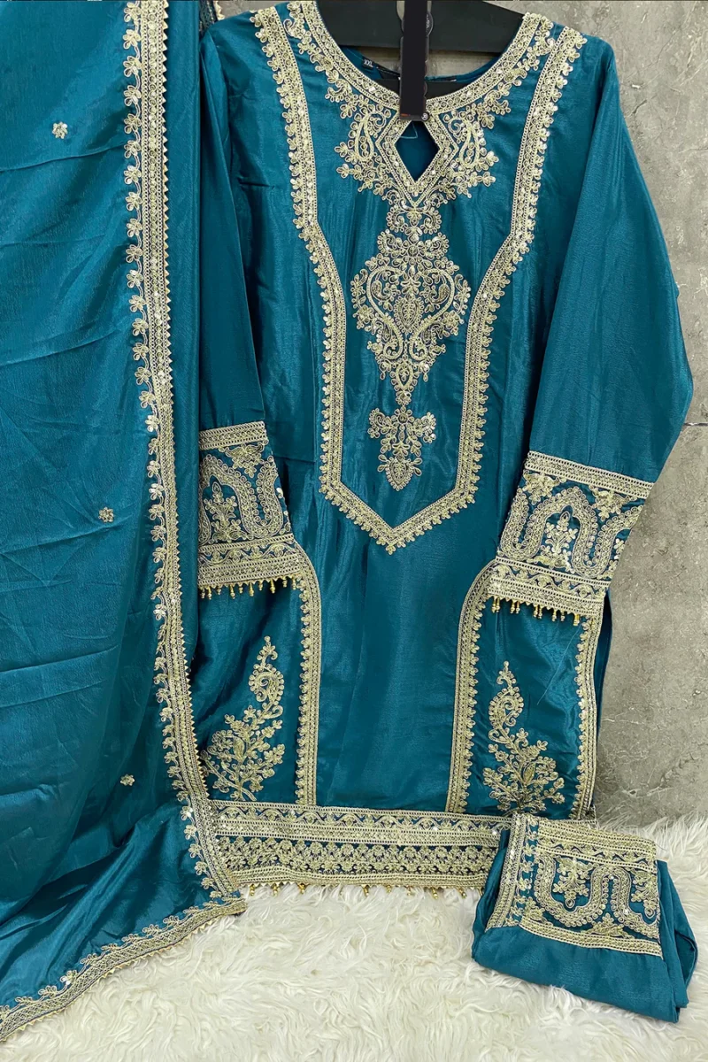 Ready To Wear Trendy Pakistani Rama Heavy Silk Chinon Tunic Style With Lovely Dupatta Work