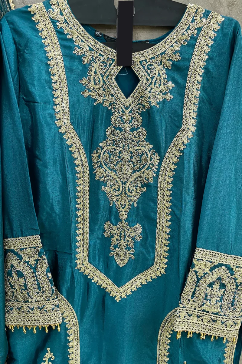 Ready To Wear Trendy Pakistani Rama Heavy Silk Chinon Tunic Style With Lovely Dupatta Work - Image 5