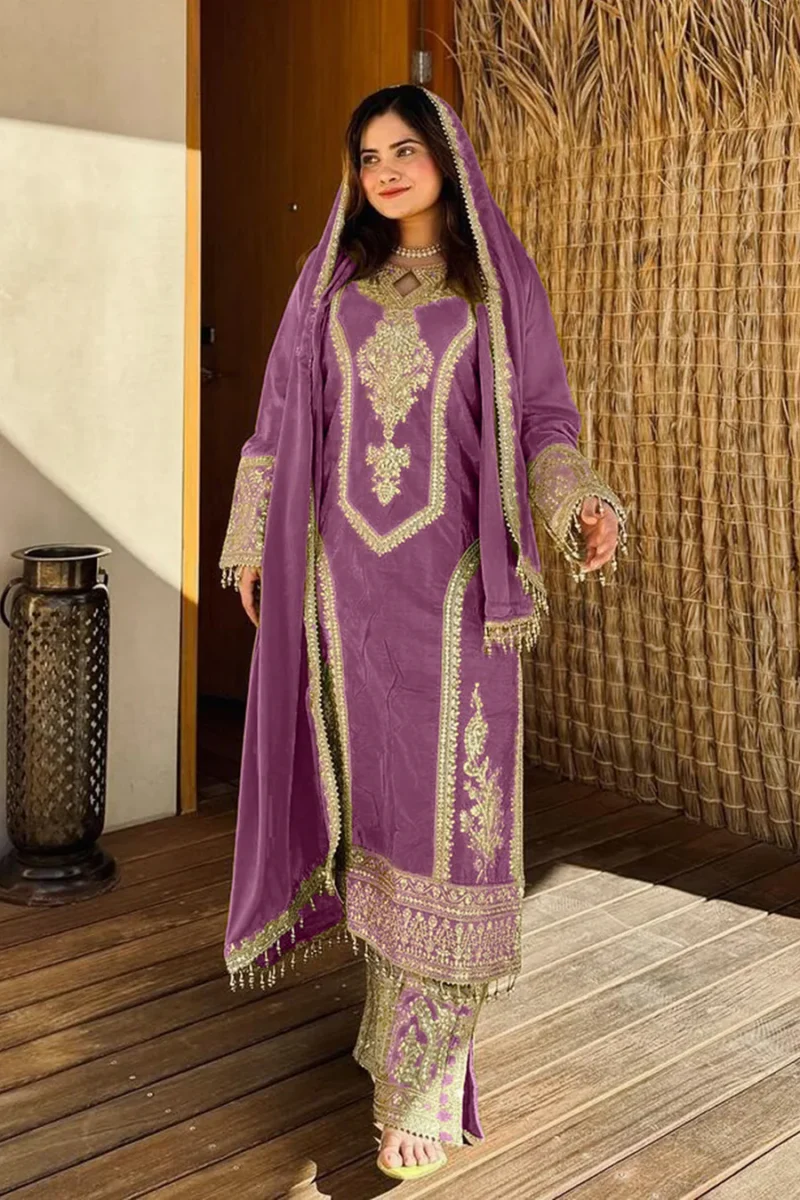 Ready To Wear Trendy Pakistani Purple Heavy Silk Chinon Tunic Style With Lovely Dupatta Work - Image 2