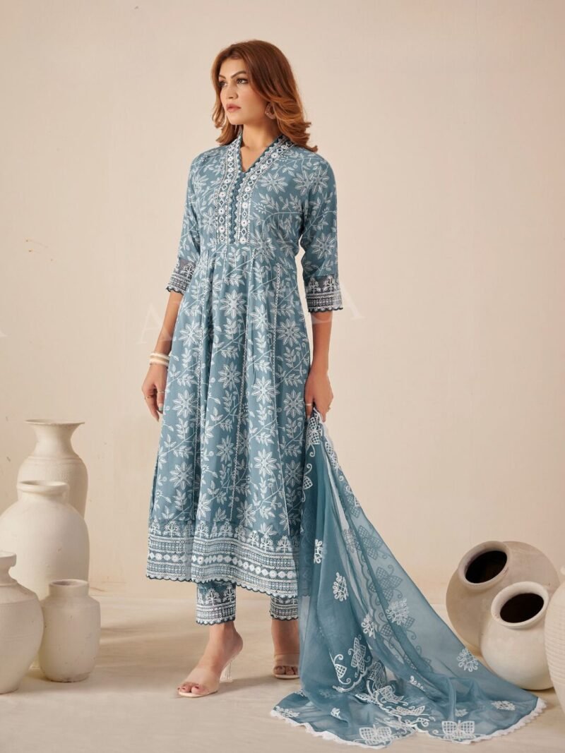 Teal Blue Floral Printed Pure Rayon Cotton Anarkali Kurta with Pant & Heavy Dupatta