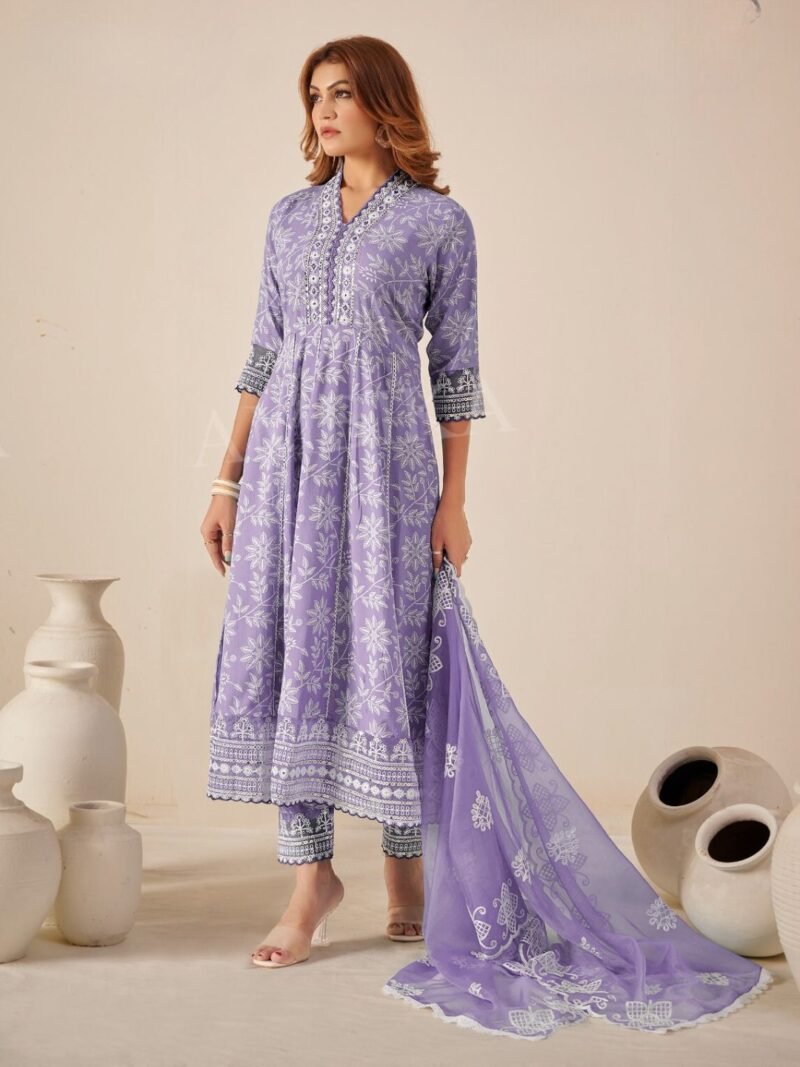 Lavender Floral Printed Pure Rayon Cotton Anarkali Kurta with Pant & Heavy Dupatta