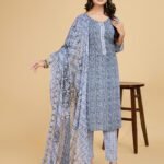 Luish Womens Grey Printed Kurta Set with Dupatta