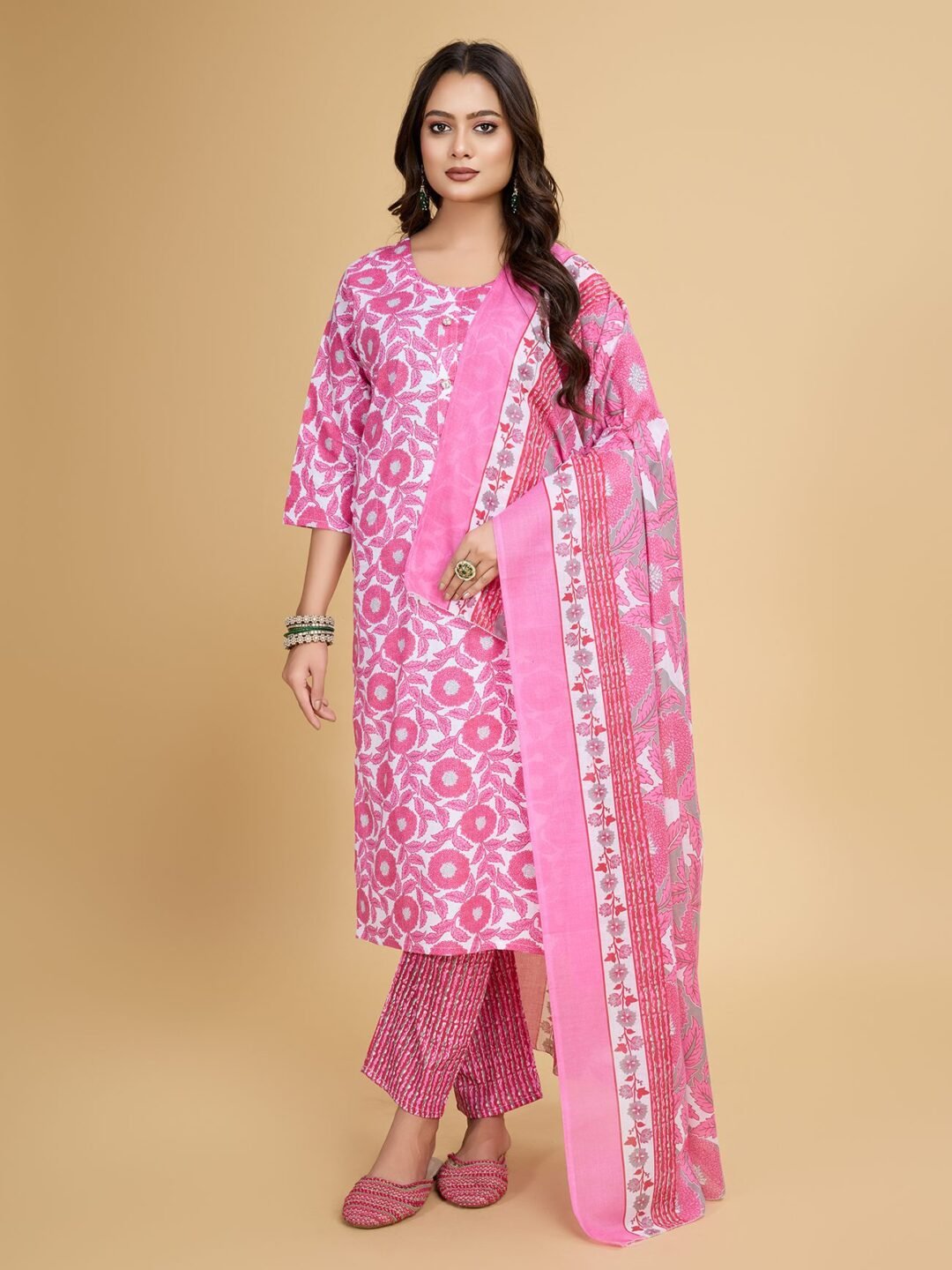 Pink Women Printed Ethnic Dress Kurta with Dupatta