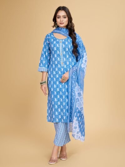 Women Blue Floral Printed Kurta Set with Dupatta