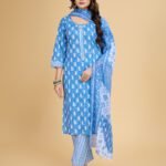 Women Blue Floral Printed Kurta Set with Dupatta