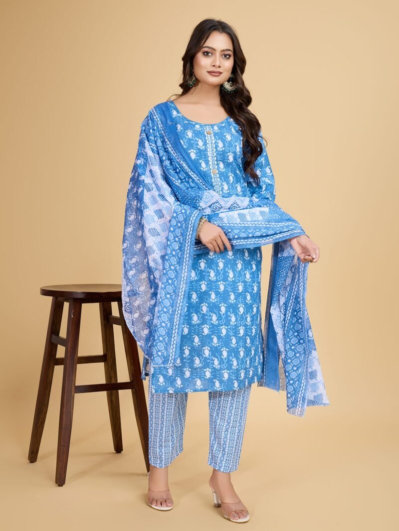 Women Blue Floral Printed Kurta Set with Dupatta - Image 2