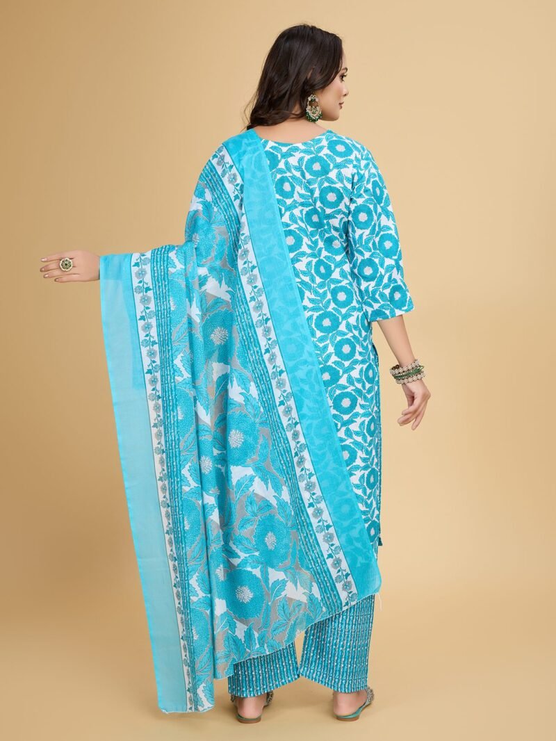 Luish Womens Turquoise Floral Printed Kurta Set with Dupatta - Image 4