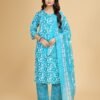 Luish Womens Turquoise Floral Printed Kurta Set with Dupatta