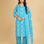 Luish Womens Turquoise Floral Printed Kurta Set with Dupatta