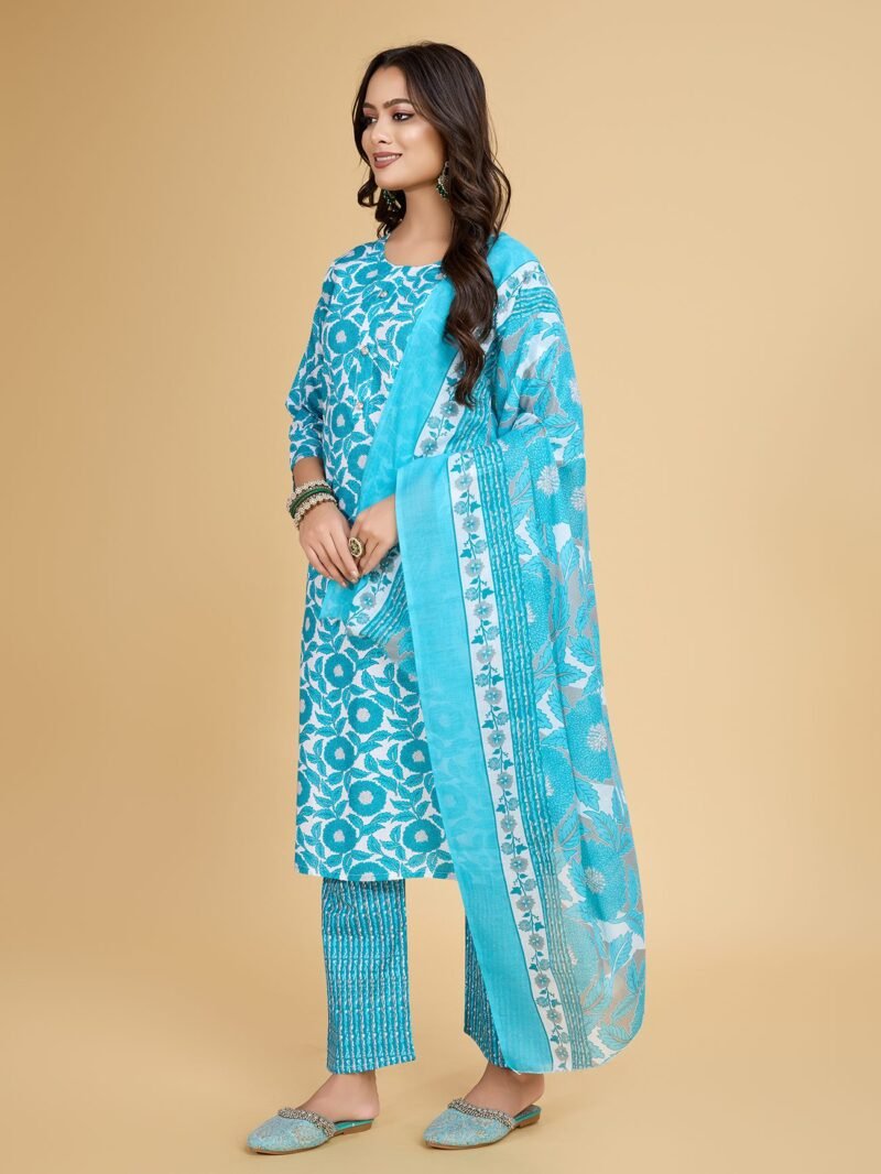 Luish Womens Turquoise Floral Printed Kurta Set with Dupatta - Image 2