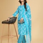 Luish Womens Turquoise Floral Printed Kurta Set with Dupatta