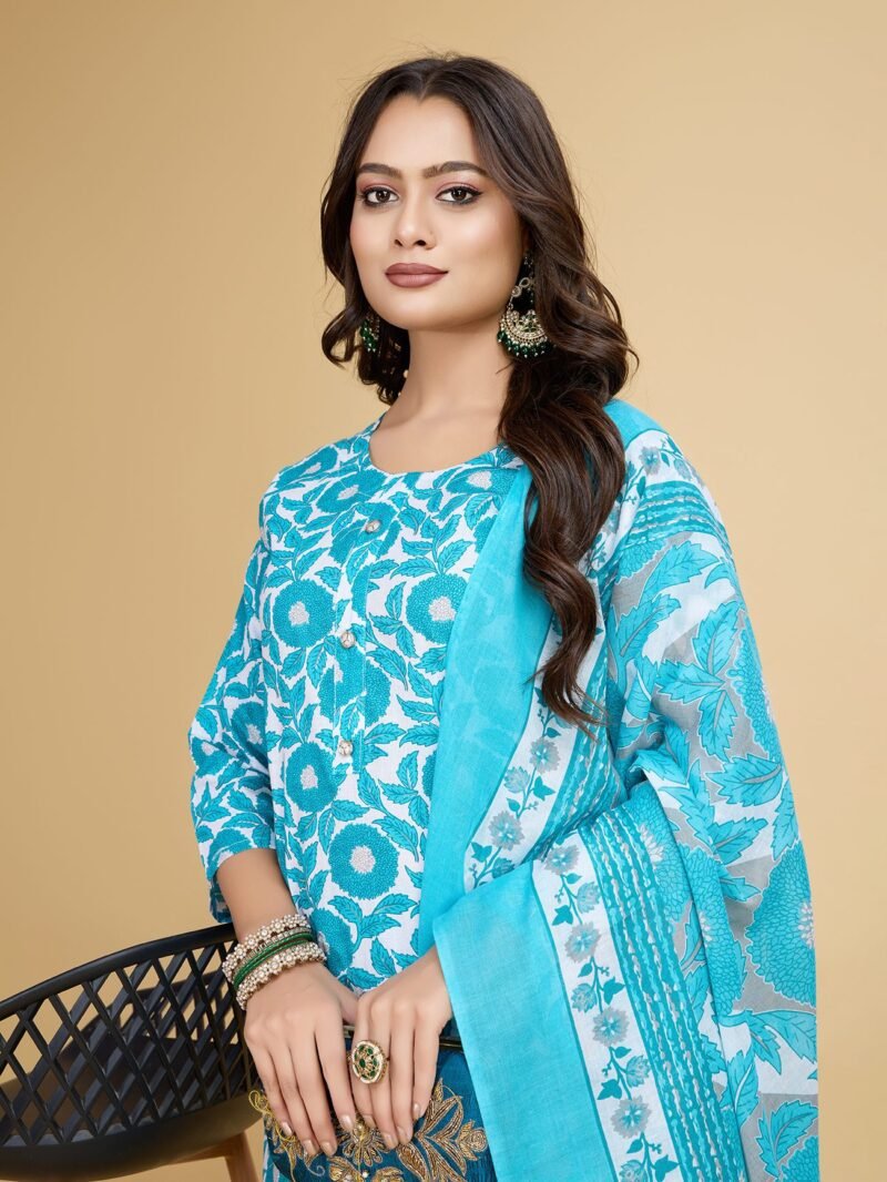 Luish Womens Turquoise Floral Printed Kurta Set with Dupatta - Image 5