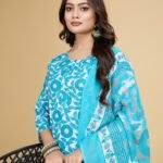 Luish Womens Turquoise Floral Printed Kurta Set with Dupatta