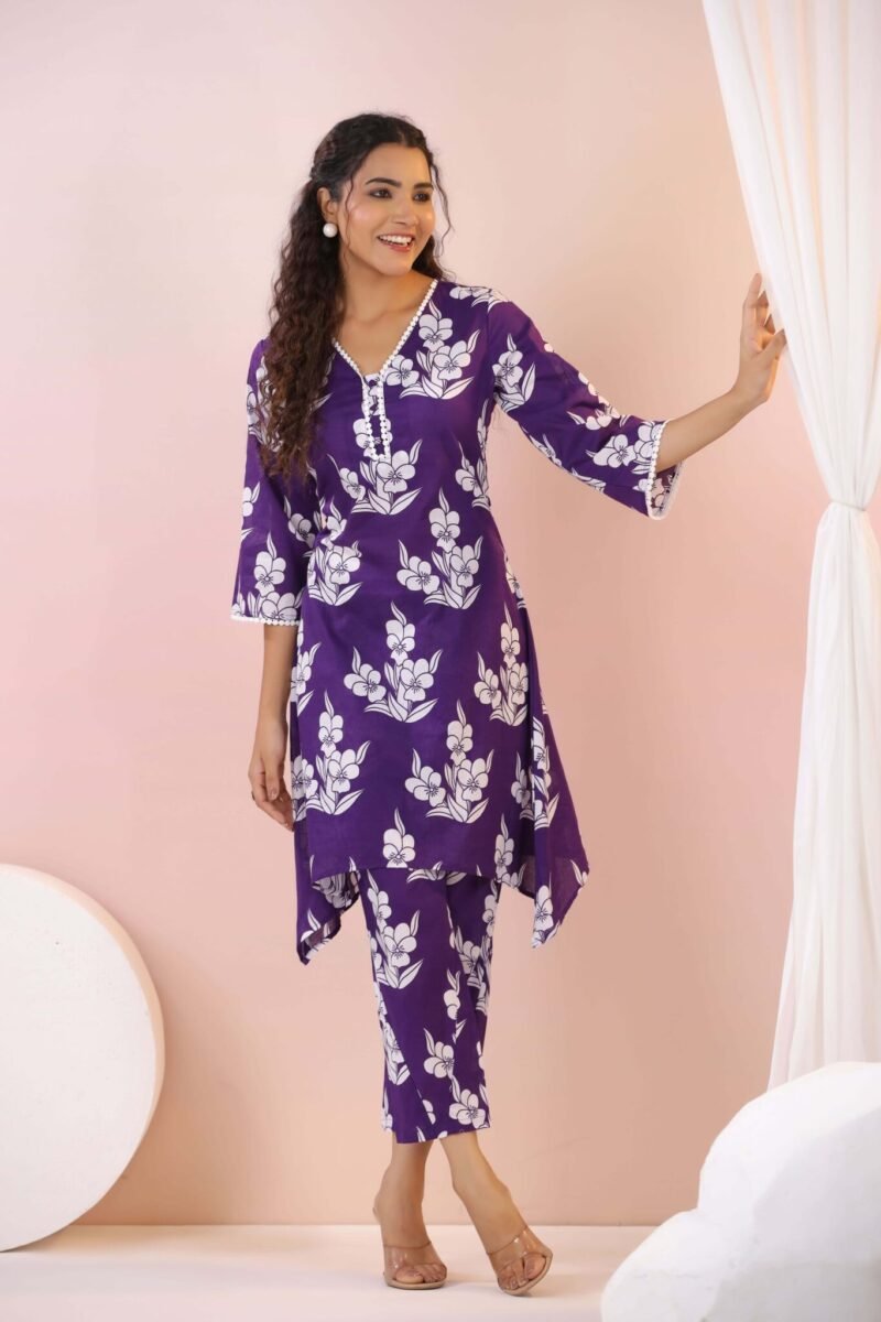 Purple Floral Printed Mal Cotton Co-ord Set - Image 3