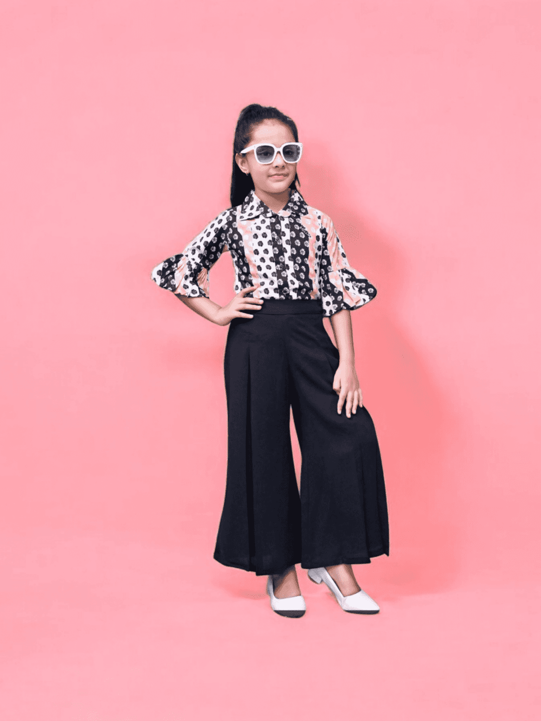 Pink Printed Top and Navy Blue Plazo Set for Girls