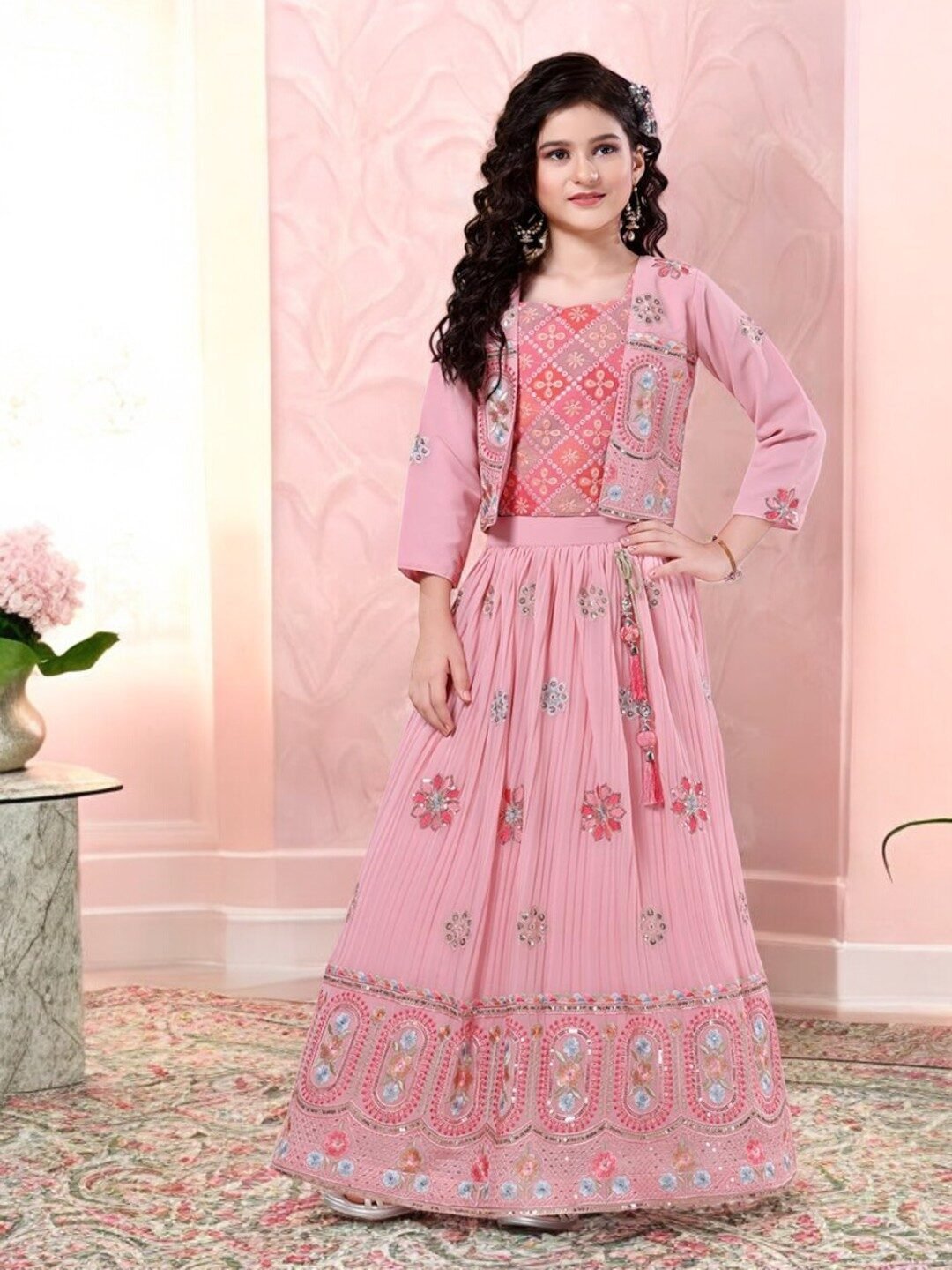 Girls Pink Jacket Choli Style Dress