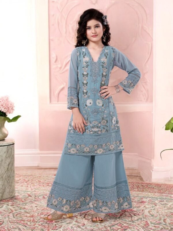 Girls Sky Blue Embroidered Palazzo Suit